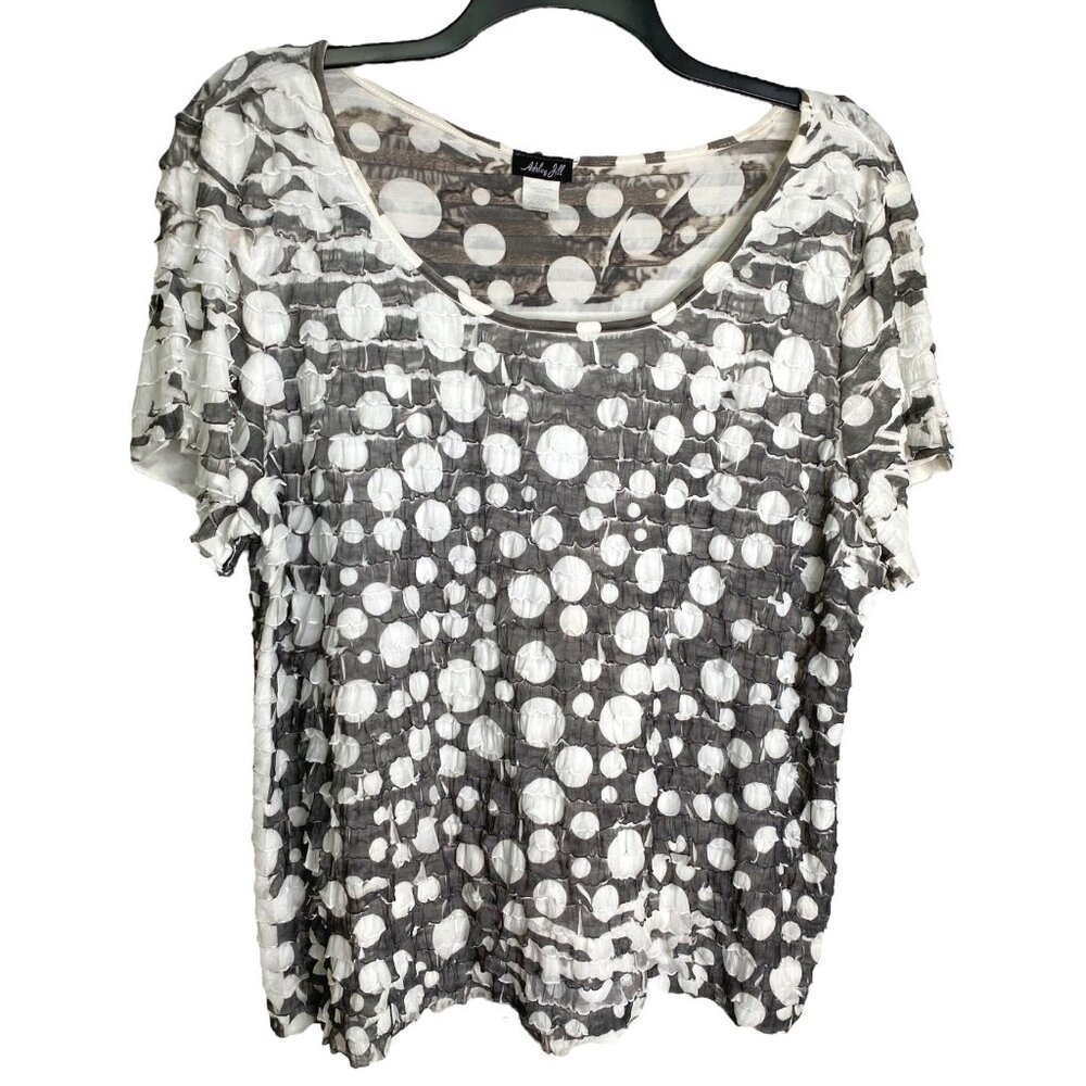 Ashley Jill Vintage Top 3X Gray White Polka Dot Knit Blouse Stretch Fairy Boho